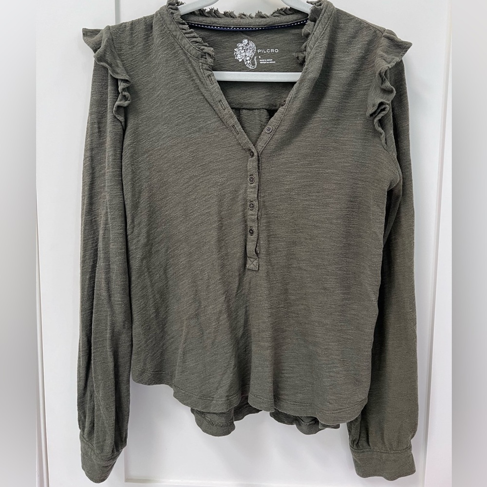 Anthropologie Pilcro Green Ruffled Henley Top